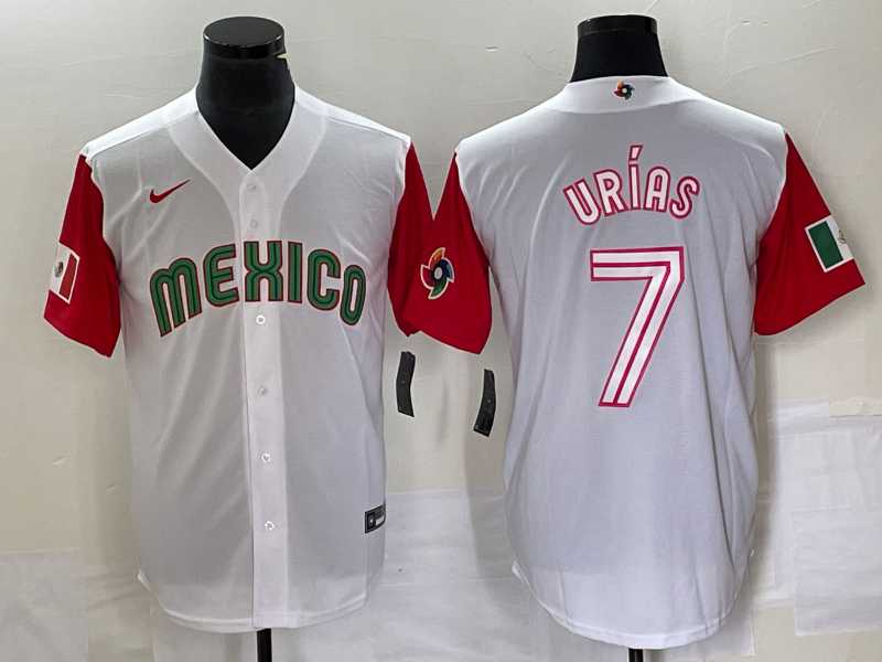 Men%27s Mexico Baseball #7 Julio Urias Number 2023 White Red World Classic Stitched Jersey46
